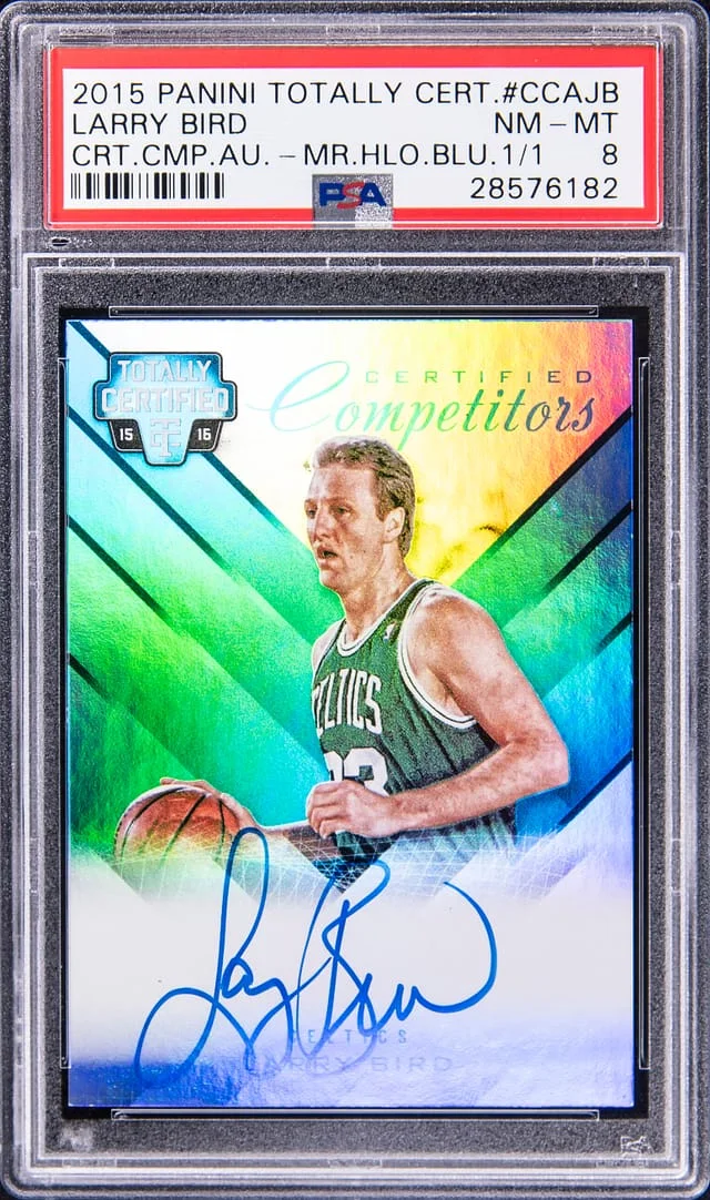 2015-16 Panini Larry Bird Totally Certified Certified Competitors Autograph Mirror Holo Blue #CCAJB card image