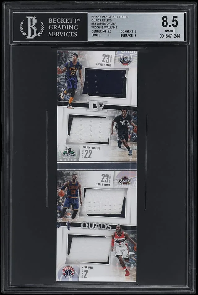 2015-16 Panini LeBron James/Anthony Davis/Andrew Wiggins/John Wall Patch Booklet Preferred Quads Relics #Q-NO1 card image