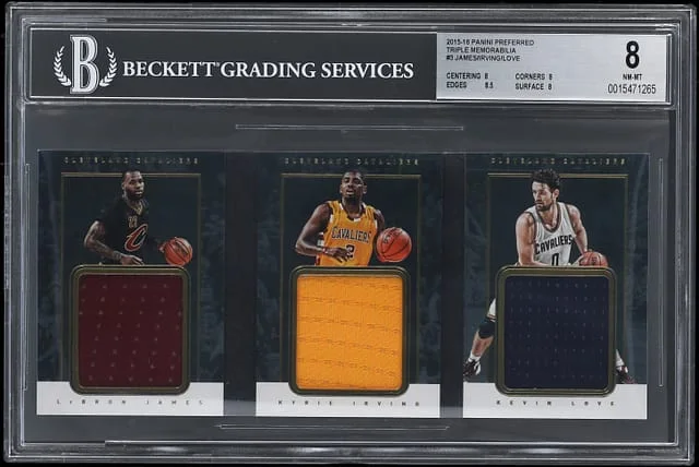 2015-16 Panini LeBron James/Kyrie Irving/Kevin Love Patch Booklet Preferred Triple Memorabilia #3 card image