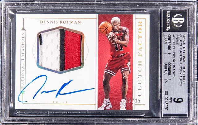 2015-16 Panini National Treasures Dennis Rodman Clutch Factor Jersey Autographs Prime #CF-DRM card image