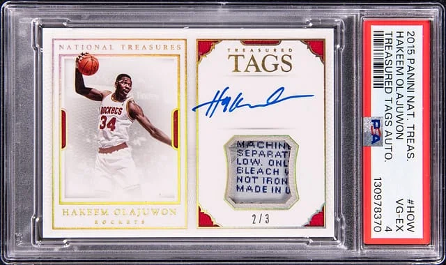 2015-16 Panini National Treasures Hakeem Olajuwon Treasured Tags Autographs #TT-HOW card image