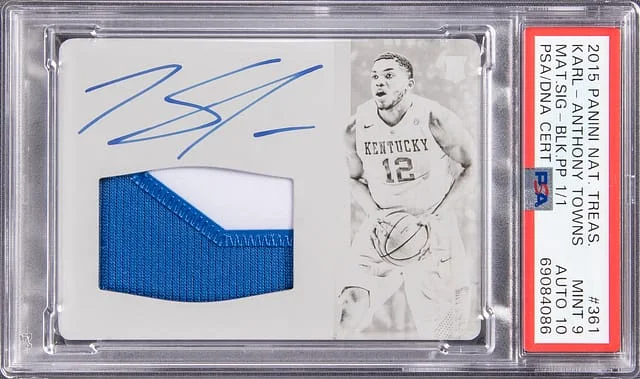2015-16 Panini National Treasures Karl-Anthony Towns Material Signatures Black Printing Plate #361 card image