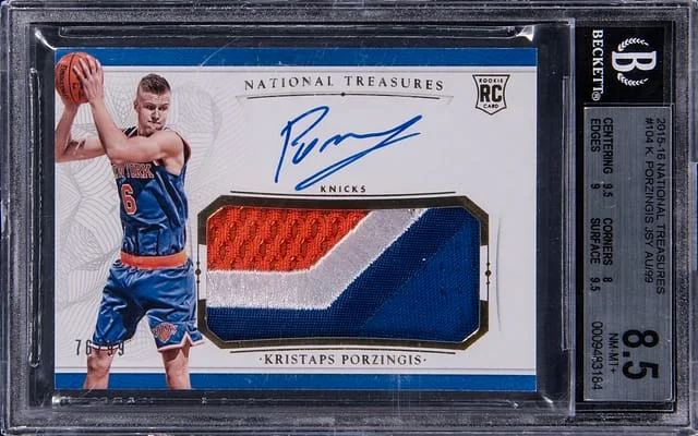 2015-16 Panini National Treasures Kristaps Porzingis Patch Autograph (RPA) #104 card image