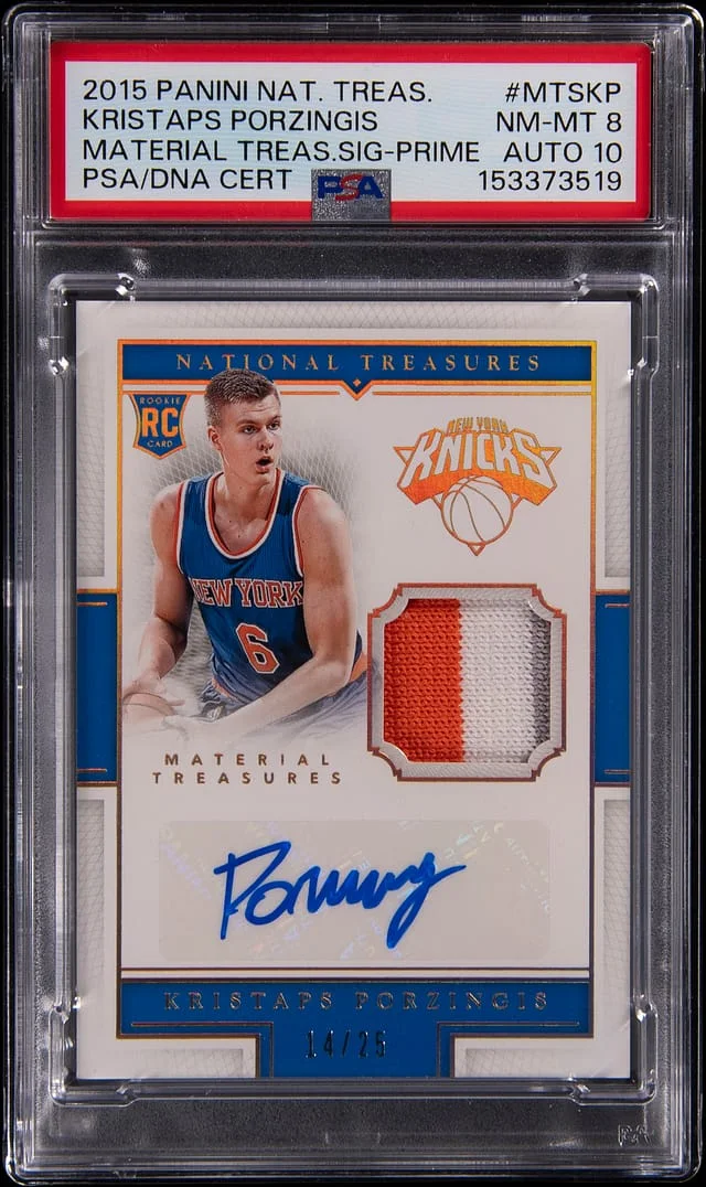 2015-16 Panini National Treasures Kristaps Porzingis Material Treasures Signature Prime #MTS-KP card image