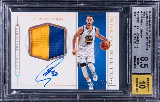 2015-16 Panini National Treasures Stephen Curry Clutch Factor Jersey Autographs Prime #CF-SCR card image