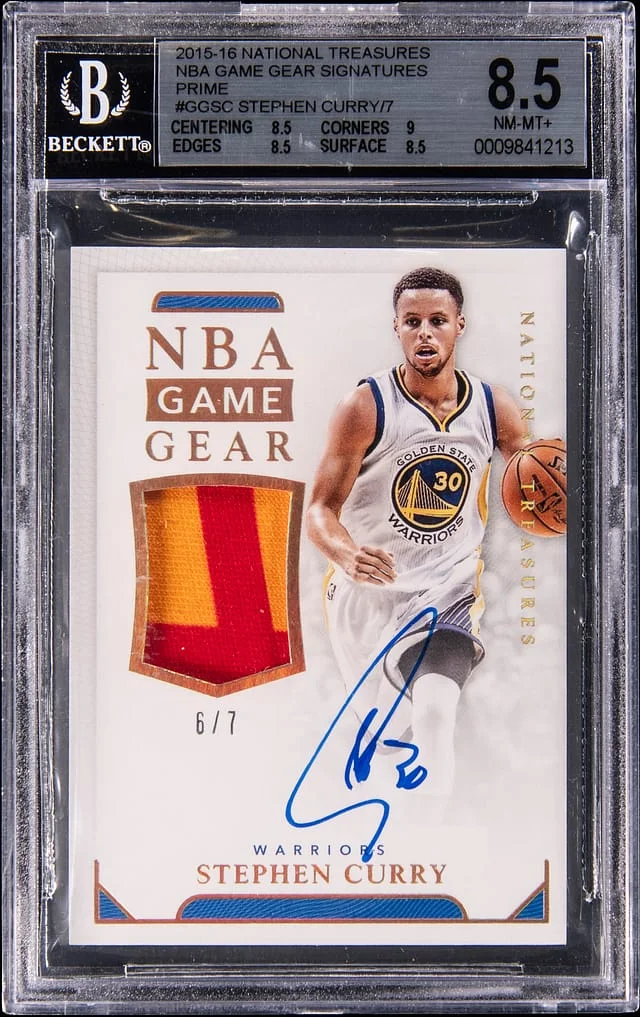 2015-16 Panini National Treasures Stephen Curry NBA Game Gear Signatures Prime #GG-SCR card image