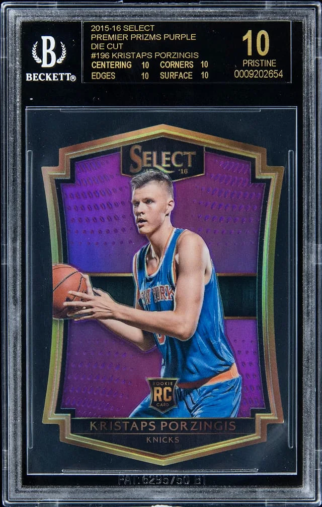 2015-16 Panini Select Kristaps Porzingis Die-Cut Premier Prizms Purple #196 card image