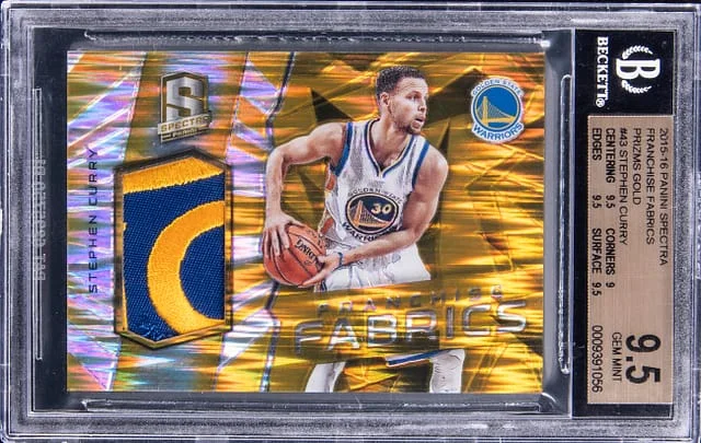 2015-16 Panini Spectra Stephen Curry Franchise Fabrics Gold Prizm #43 card image