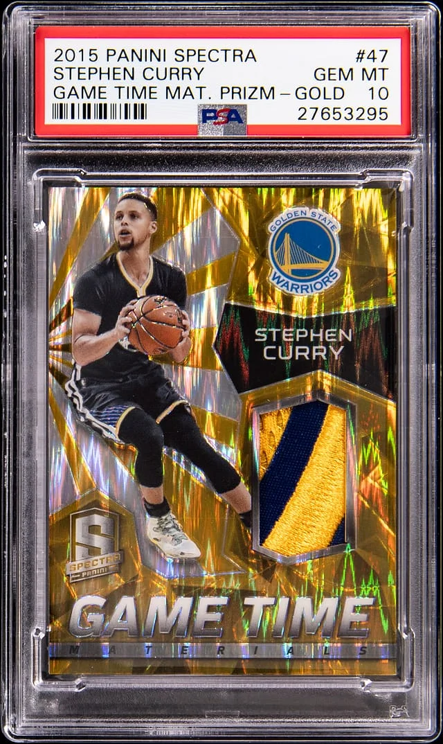 2015-16 Panini Spectra Stephen Curry Game Time Materials Gold Prizm #47 card image
