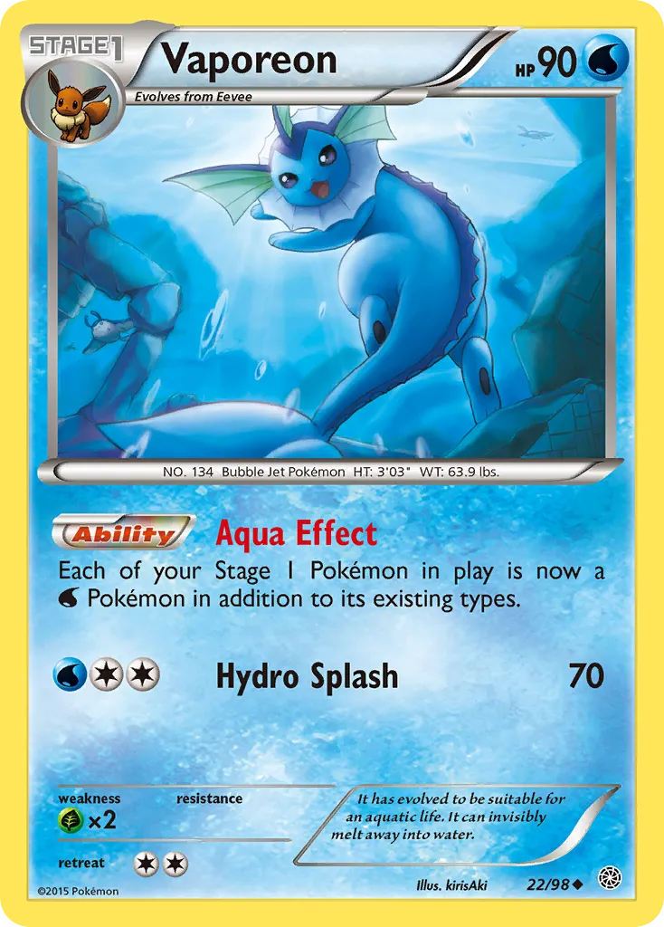 2015 Ancient Origins Vaporeon #22/98 Uncommon card image