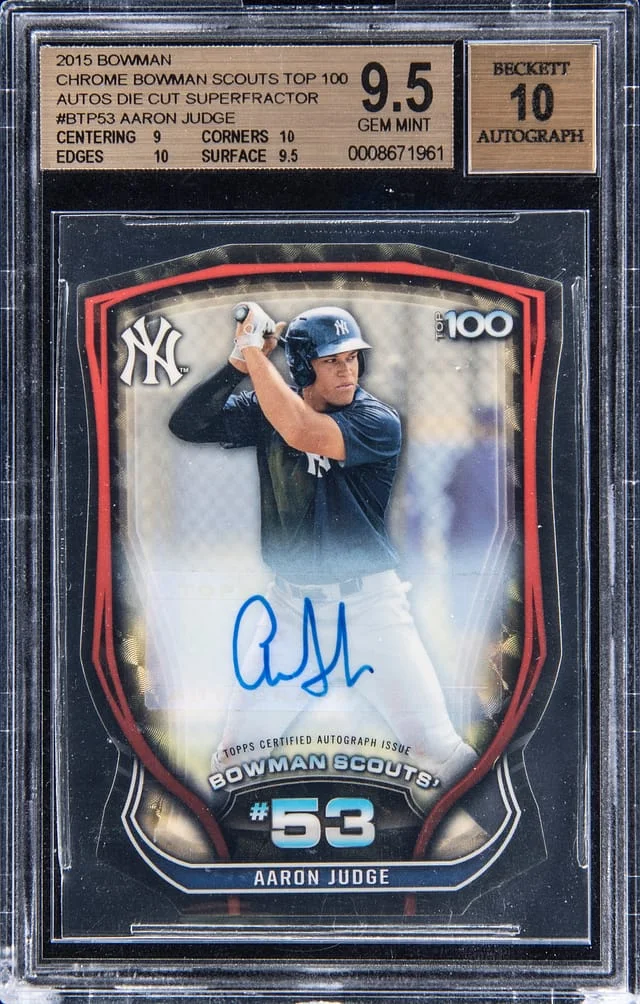 2015 Bowman Chrome Aaron Judge Bowman Scouts' Top 100 Autographs Die Cut SuperFractor #BTP-53 card image
