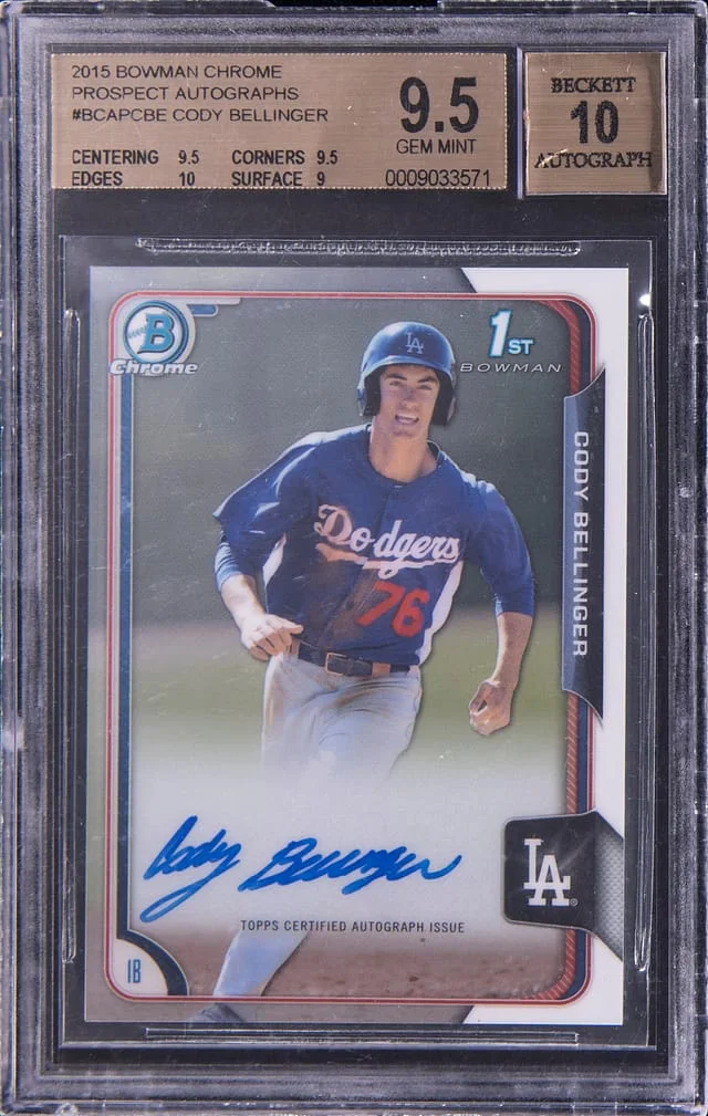 2015 Bowman Chrome Cody Bellinger Prospect Autographs Purple Refractors #BCAPCBE card image