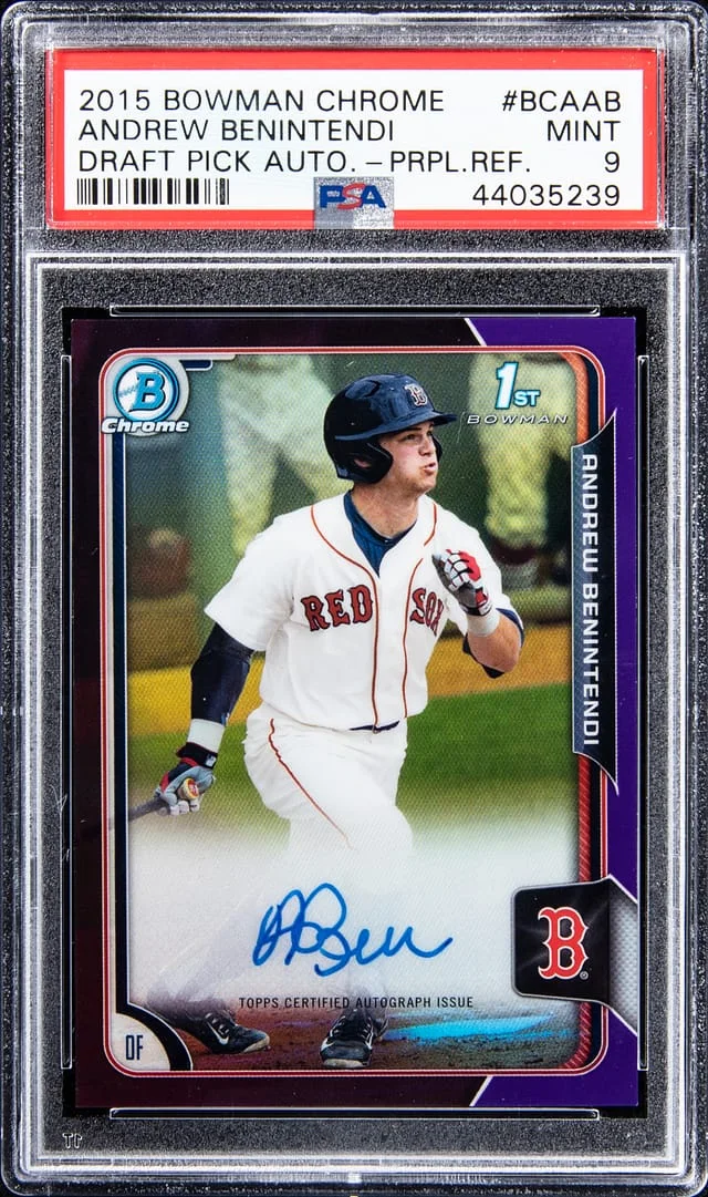 2015 Bowman Chrome Draft Andrew Benintendi Pick Autographs Purple Refractor #BCAAB card image