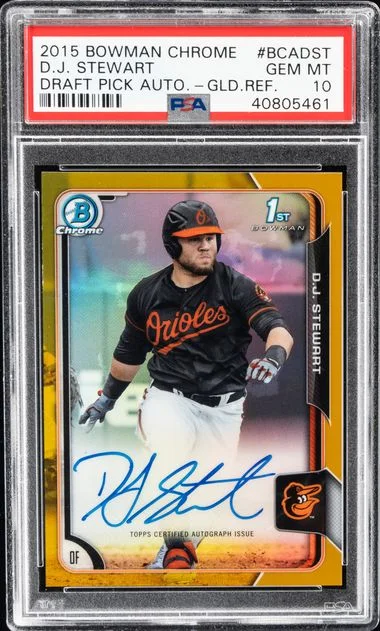 2015 Bowman Chrome Draft D.J. Stewart Pick Autograph Gold Refractor #BCA-DST card image