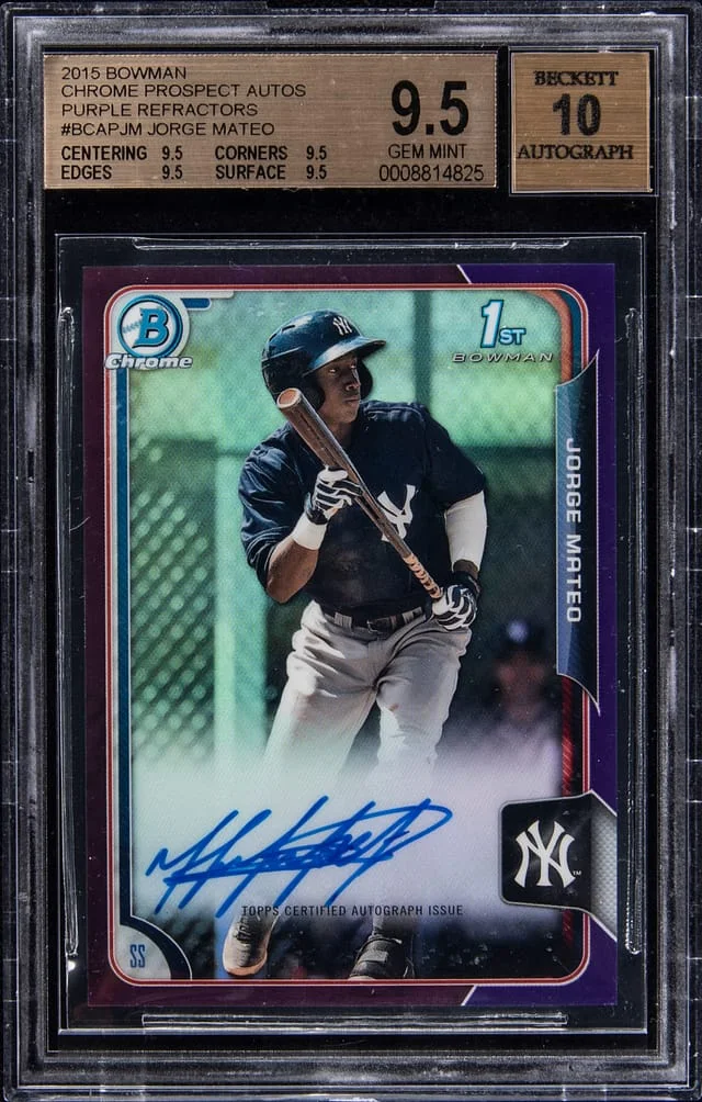 2015 Bowman Chrome Estevan Florial Prospect Autographs Purple Refractor #BCAP-JM card image
