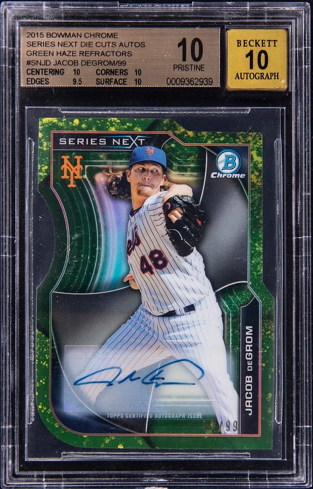 2015 Bowman Chrome Jacob DeGrom Series Next Die Cuts Autographs Green Haze Refractors #SNJD card image
