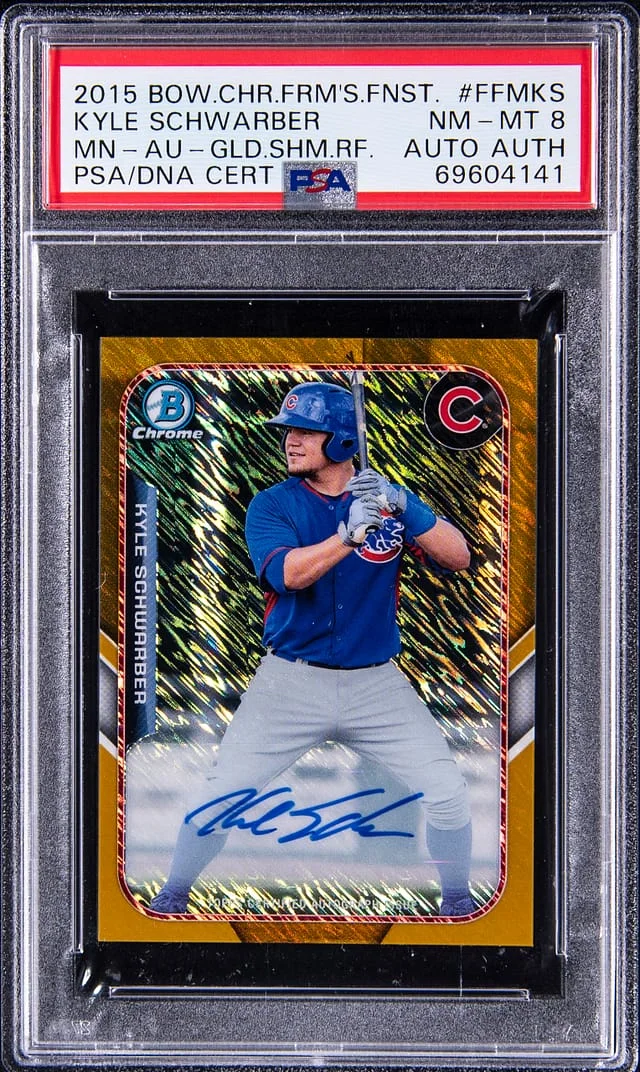 2015 Bowman Chrome Kyle Schwarber Farm's Finest Mini Autograph Gold Shimmer Refractor #FFMKS card image