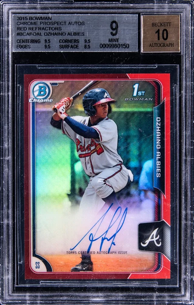 2015 Bowman Chrome Ozzie Albies Prospect Autographs Red Refractor #BCAP-OAL card image
