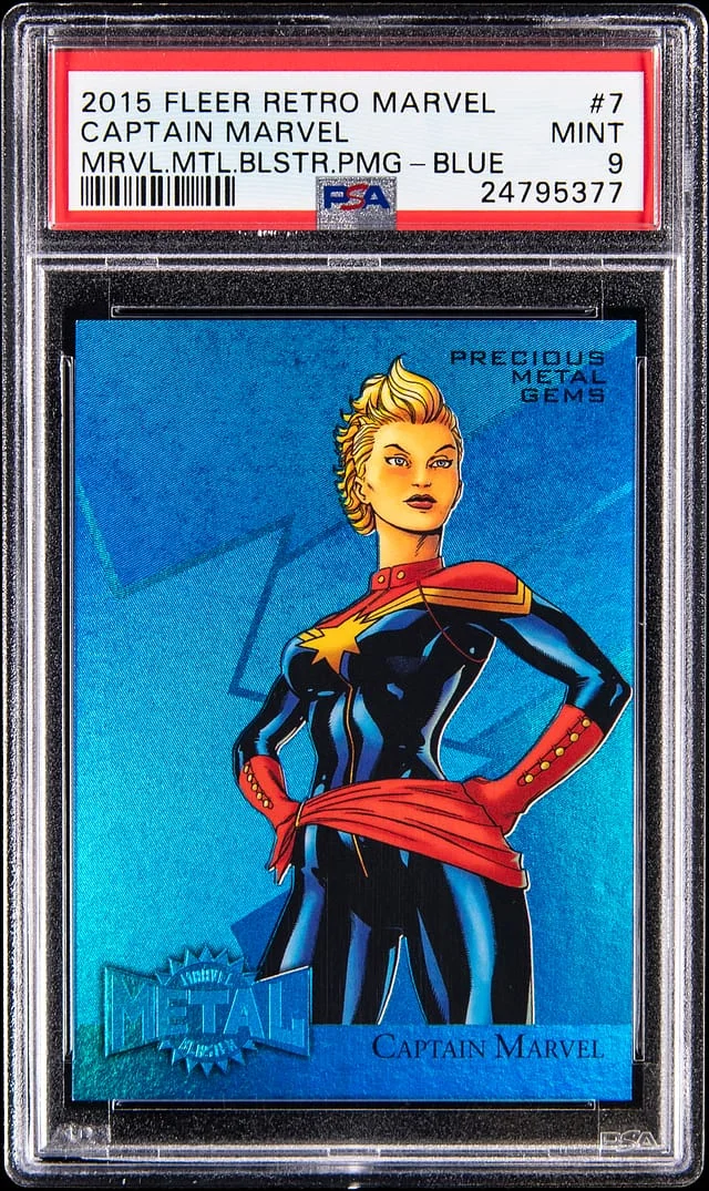 2015 Fleer Retro Captain Marvel Marvel Metal Blaster Precious Metal Gems-Blue #7 card image