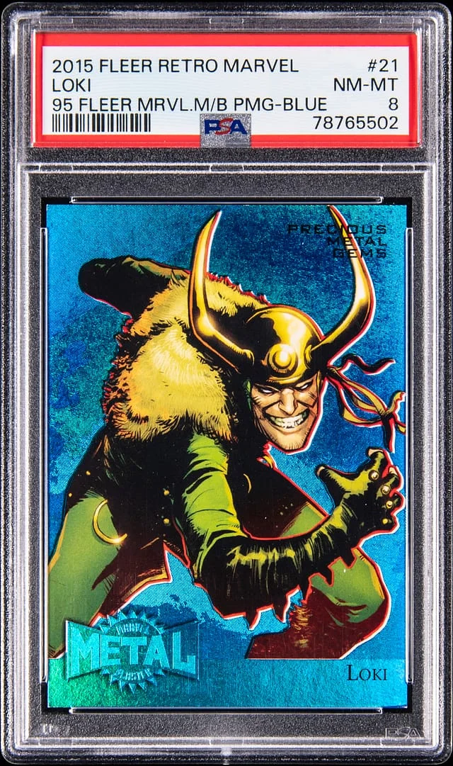 2015 Fleer Retro Loki 1995 Fleer Marvel Metal Blaster Precious Metal Gems Blue #21 card image