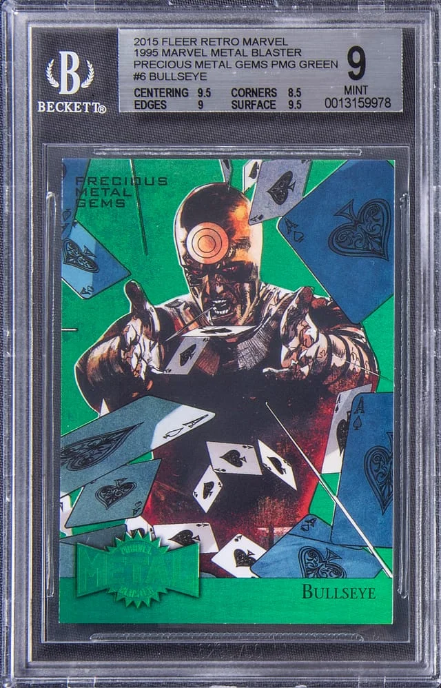 2015 Fleer Retro Marvel Bullseye 1995 Marvel Metal Blaster - PMG Green #6 card image