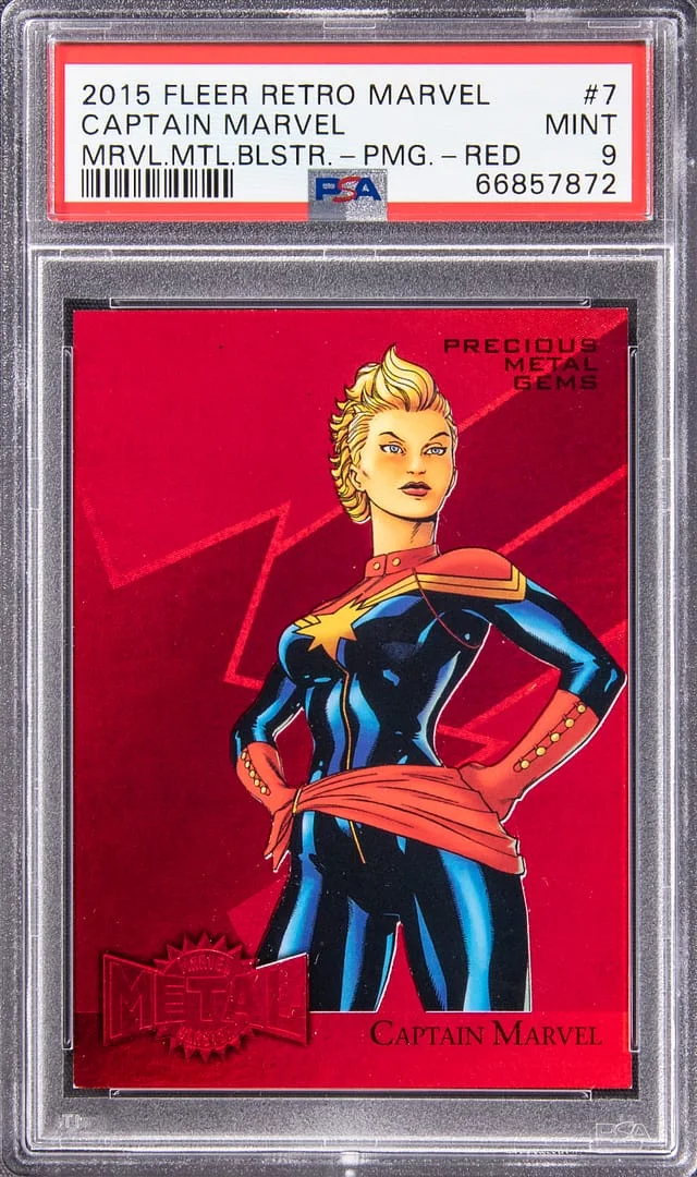2015 Fleer Retro Marvel Captain Marvel Metal Blasters Precious Metal Gems (PMG) Red #7 card image