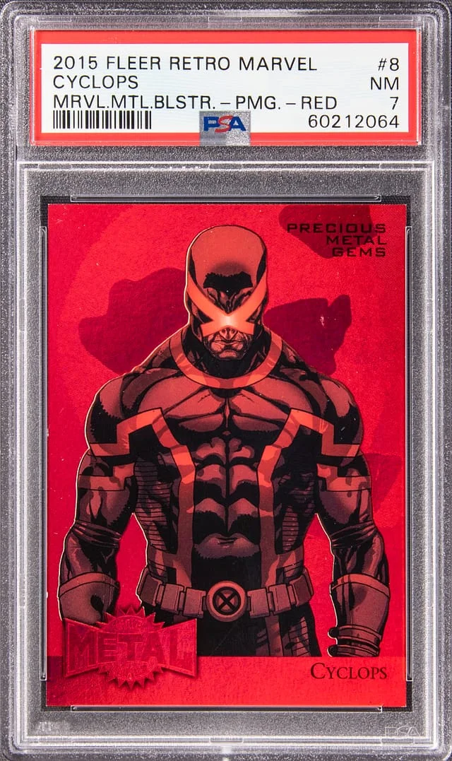 2015 Fleer Retro Marvel Cyclops (077/100) Metal Blaster Precious Metal Gems (PMG) Red #8 card image