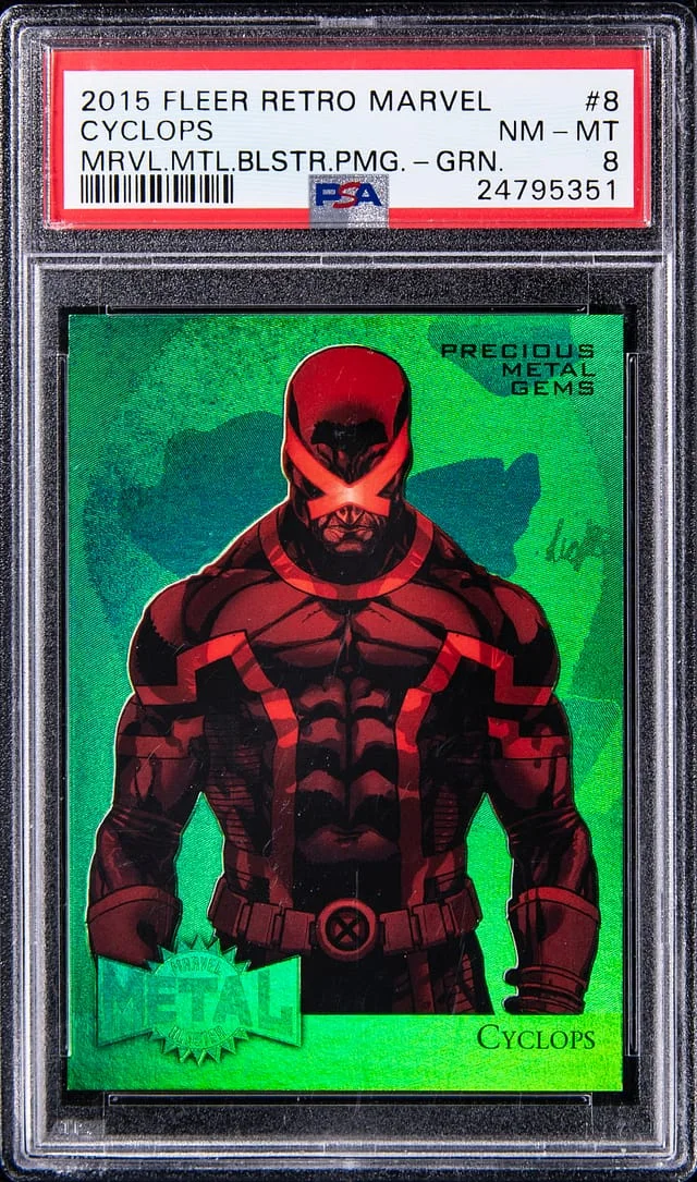2015 Fleer Retro Marvel Cyclops 95 Marvel Metal Blaster Precious Metal Gems (PMG) Green #8 card image