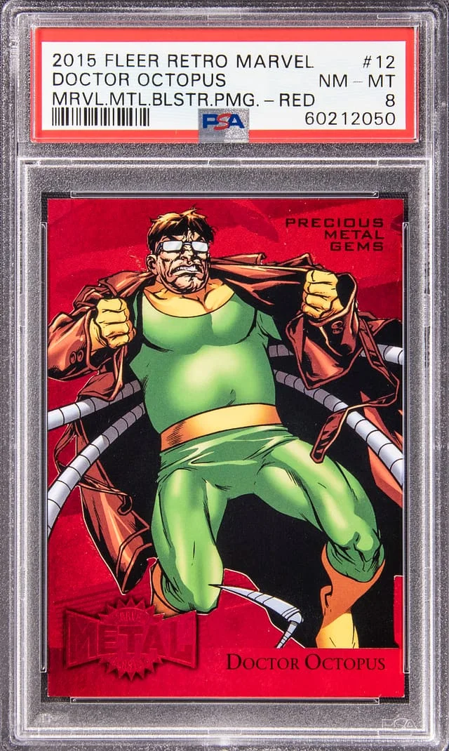 2015 Fleer Retro Marvel Doctor Octopus (028/100) Metal Blaster Precious Metal Gems (PMG) Red #12 card image