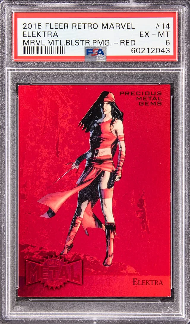 2015 Fleer Retro Marvel Elektra (095/100) Metal Blaster Precious Metal Gems (PMG) Red #14 card image