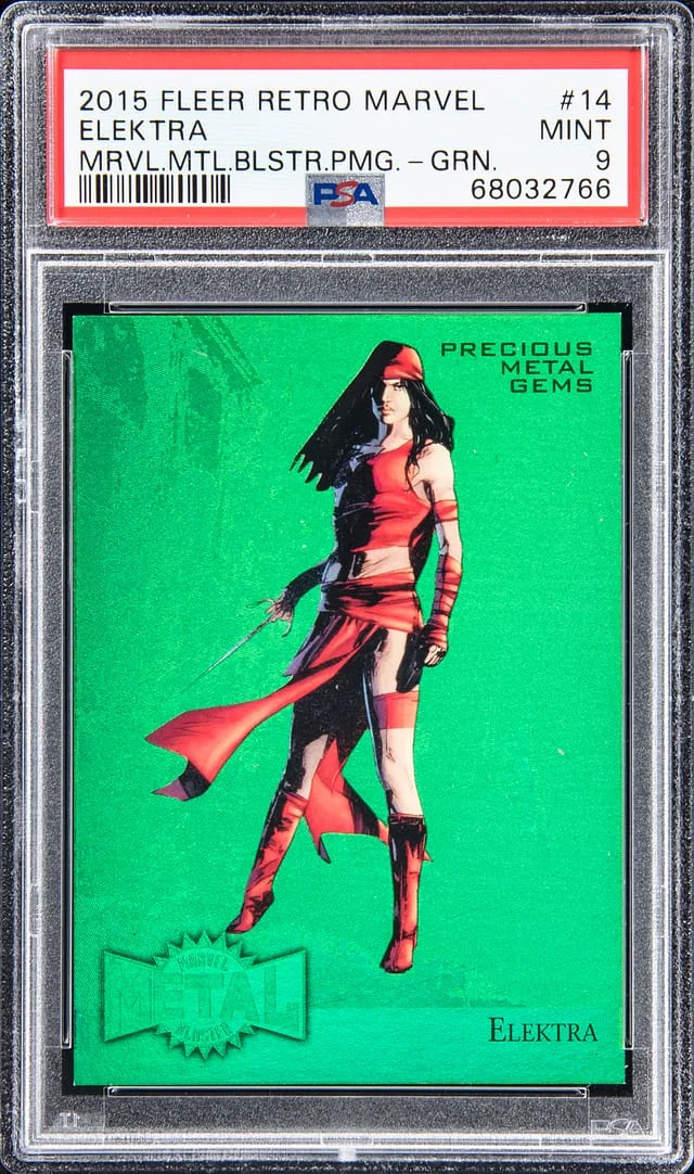 2015 Fleer Retro Marvel Elektra Metal Blaster Precious Metal Gems (PMG) Green #14 card image