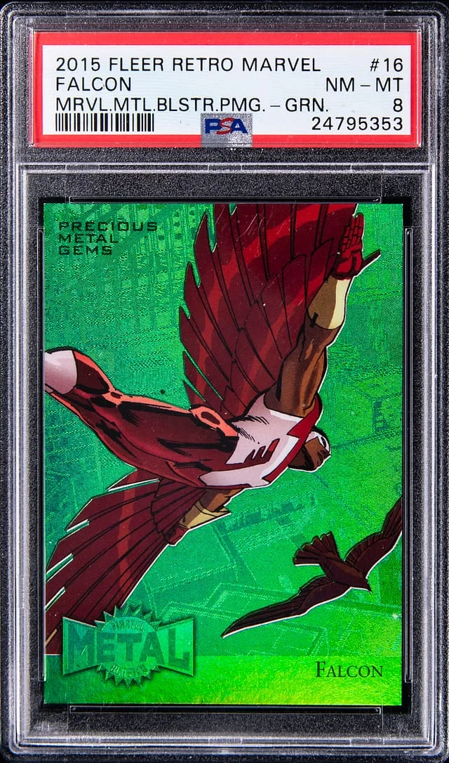 2015 Fleer Retro Marvel Falcon 95 Marvel Metal Blaster Precious Metal Gems (PMG) Green #16 card image