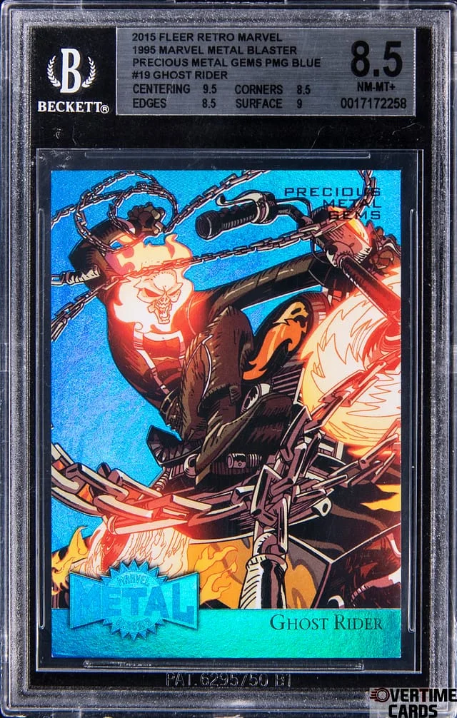 2015 Fleer Retro Marvel Ghost Rider 1995 Marvel Metal Blaster Precious Metal Gems (PMG) Blue #19 card image