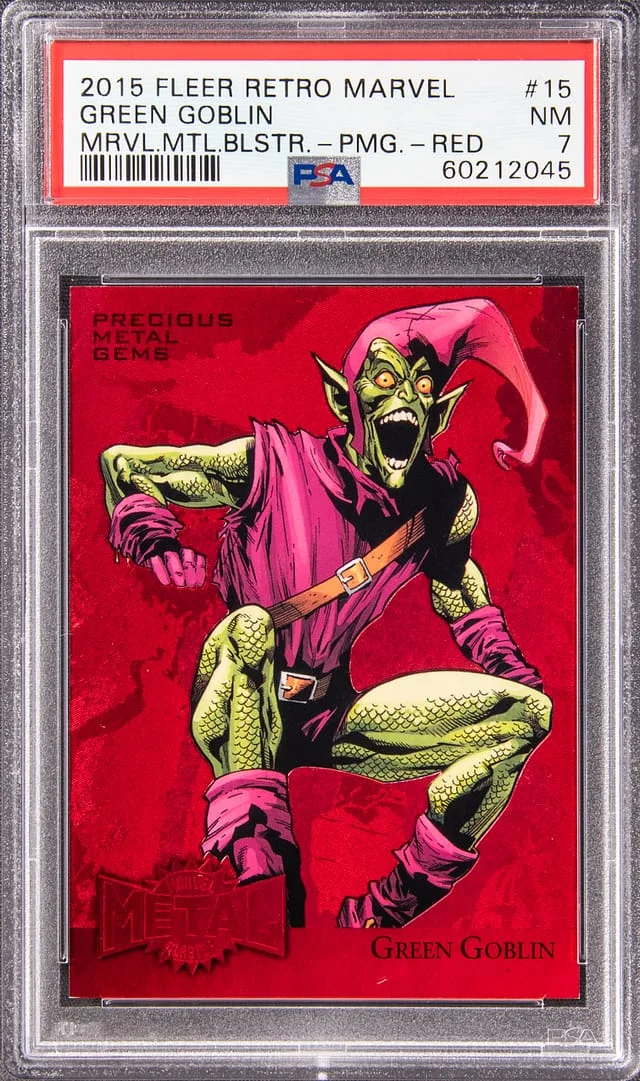 2015 Fleer Retro Marvel Green Goblin (085/100) Metal Blaster Precious Metal Gems (PMG) Red #15 card image