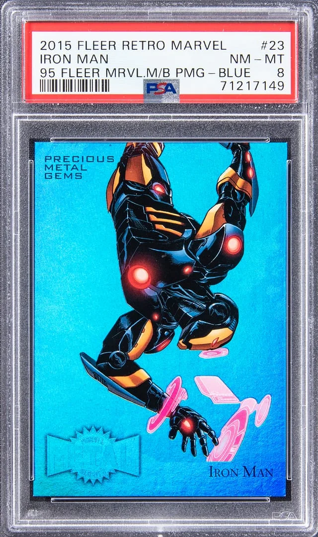 2015 Fleer Retro Marvel Iron Man 1995 Fleer Metal Blaster Precious Metal Gems (PMG) Blue #23 card image