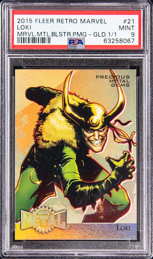 2015 Fleer Retro Marvel Loki 95 Fleer Marvel Metal Blaster Precious Metal Gems (PMG) Gold #21 card image