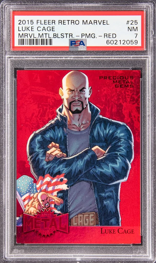 2015 Fleer Retro Marvel Luke Cage (001/100) Metal Blaster Precious Metal Gems (PMG) Red #25 card image