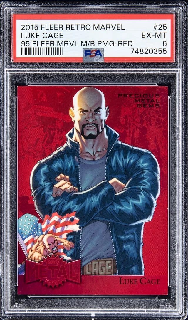2015 Fleer Retro Marvel Luke Cage 95 Fleer Marvel Metal Blasters Precious Metal Gems (PMG) Red #25 card image