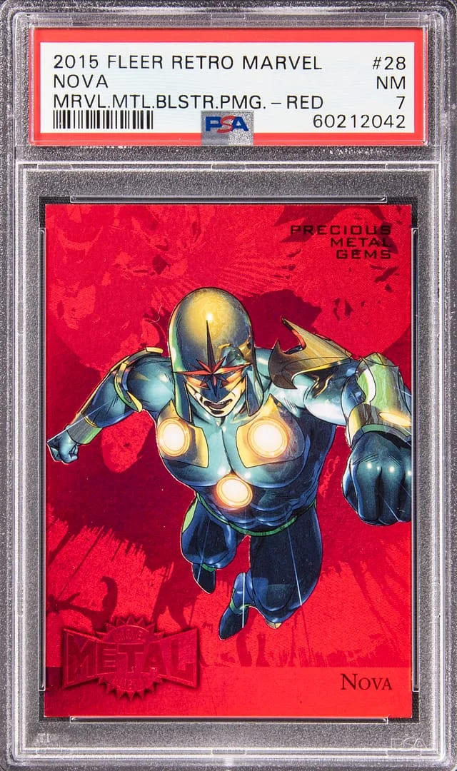 2015 Fleer Retro Marvel Nova (059/100) Metal Blaster Precious Metal Gems (PMG) Red #28 card image