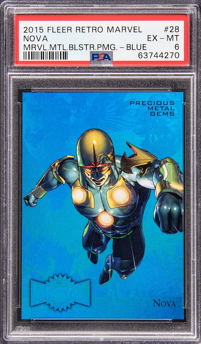 2015 Fleer Retro Marvel Nova Metal Blaster Precious Metal Gems (PMG) Blue #28 card image