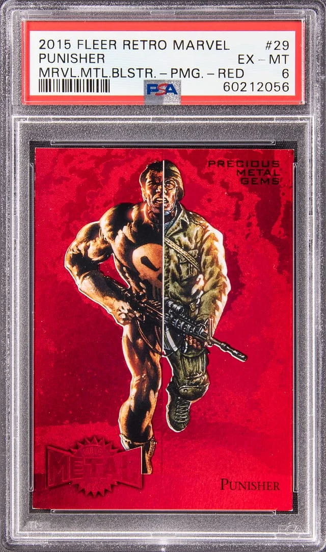 2015 Fleer Retro Marvel Punisher (022/100) Metal Blaster Precious Metal Gems (PMG) Red #29 card image