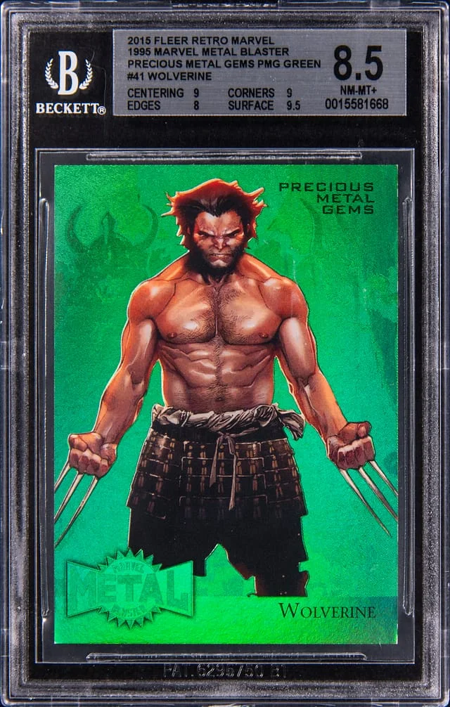2015 Fleer Retro Marvel Wolverine 95 Marvel Metal Blaster Precious Metal Gems (PMG) Green #41 card image