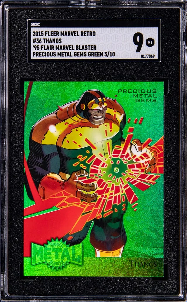 2015 Fleer Thanos Marvel Retro '95 Flair Marvel Blaster Precious Metal Gems (PMG) Green #36 card image