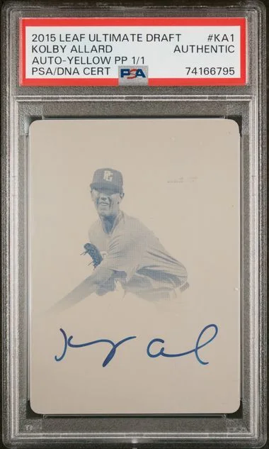 2015 Leaf Kolby Allard Ultimate Draft Autograph Yellow Printing Plate #BA-KA1 card image