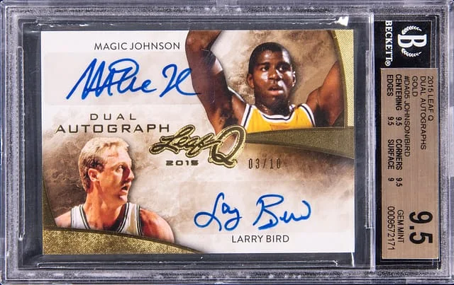 2015 Leaf Magic Johnson/Larry Bird Q Dual Autographs Gold #DA-05 card image