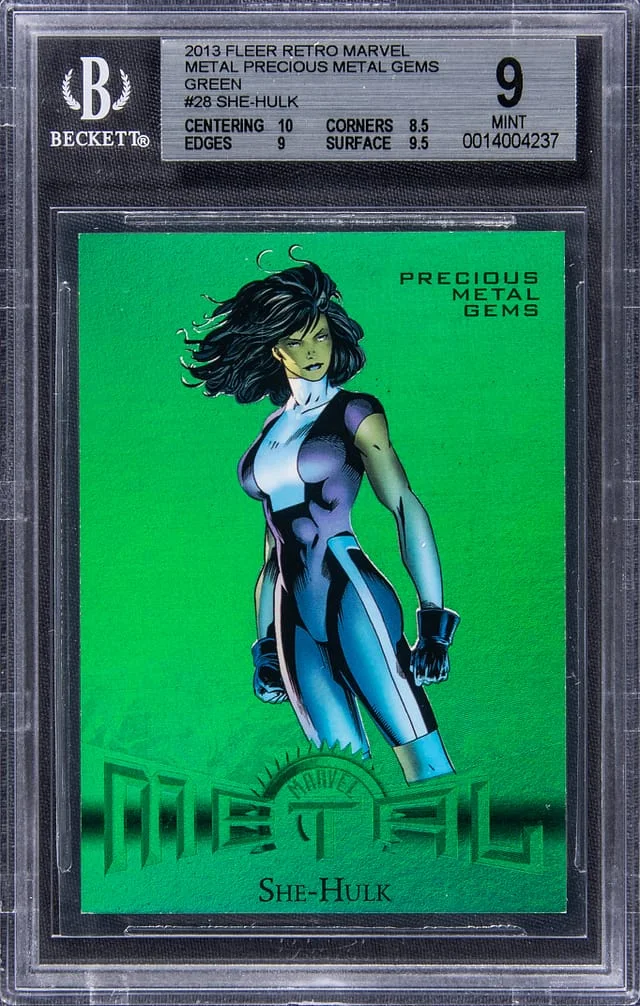 2015 Marvel Fleer Retro Precious Metal Gems Green She-Hulk #28 card image