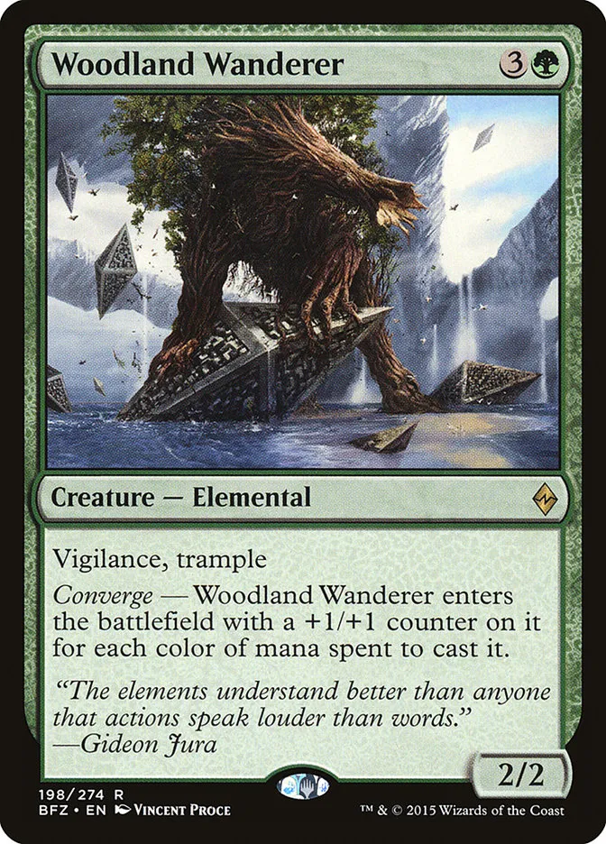 2015 Battle for Zendikar Woodland Wanderer #198 rare card image