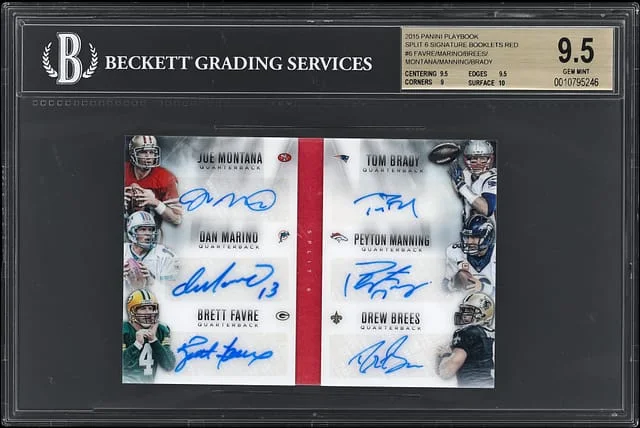 2015 Panini Brett Favre/Dan Marino/Drew Brees/Joe Montana/Peyton Manning/Tom Brady Multi-Signed Playbook Split 6 Signature Booklets Red #6 card image