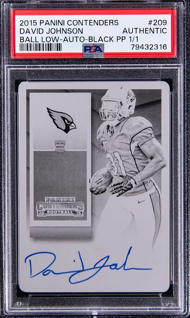 2015 Panini Contenders David Johnson, Ball Low Autographed Black Printing Plate #209 card image