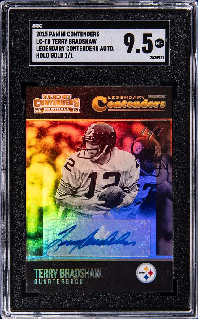 2015 Panini Contenders Terry Bradshaw Legendary Contenders Autograph Holo Gold #LC-TB card image